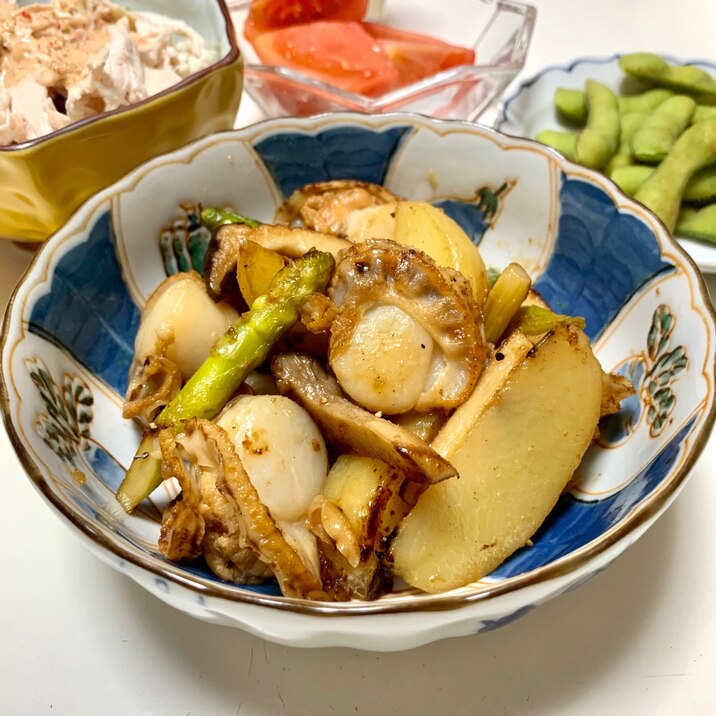 ベビーホタテと色々野菜の醤油炒め❤️